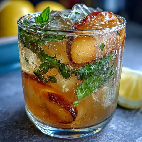 Refreshingly cool Starbucks copycat peach green tea lemonade with fresh fruit garnish.