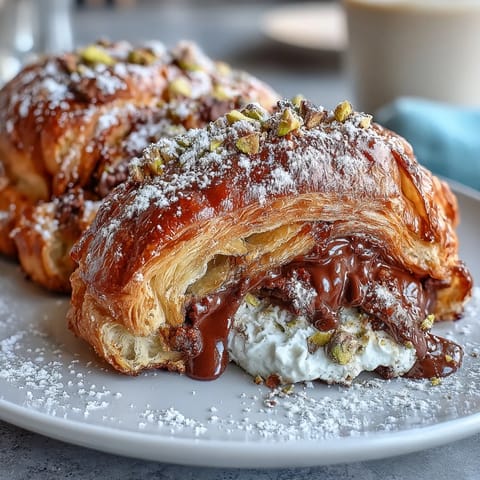 Golden Dubai Chocolate Pistachio Croissant French Toast, rich and gooey.