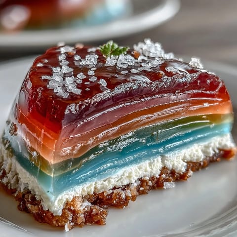 Vibrant Rainbow Jelly Cake with creamy coconut topping, a refreshing dessert.