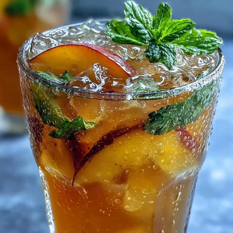 Vibrant iced peach green tea lemonade, bursting with sweet peach and tart lemon.