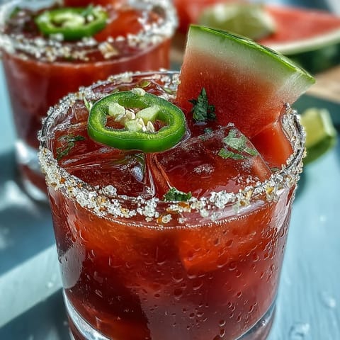 Vibrant Cinco de Mayo Watermelon Jalapeño Margarita Mocktail, icy and refreshing, garnished with lime.