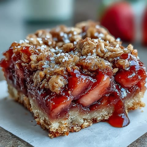 Strawberry Rhubarb Crumble Bars baked golden brown, showcasing bursting fruit.