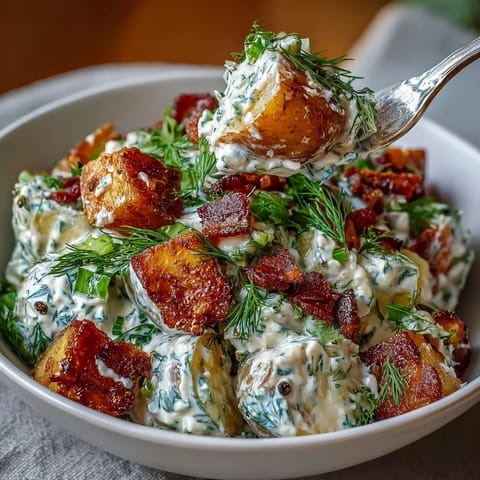 Memorial Day Potato Salad with plenty of crispy bacon and fresh dill.