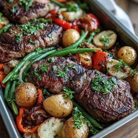 Golden Father's Day Steak and Potato Sheet Pan Dinner, perfectly roasted.