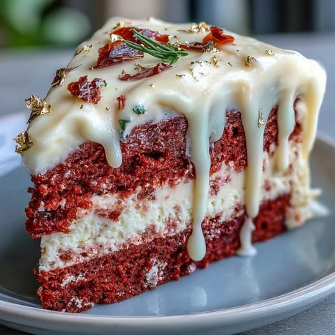 Delicious Rosé Velvet Cake adorned with a shimmering edible gold drip and blush frosting.