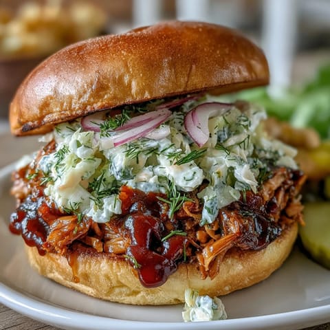 BBQ Pulled Jackfruit Sandwiches piled high with tangy slaw, a vegan delight.