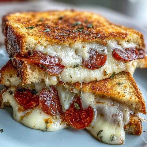 Crispy, cheesy Pepperoni Pizza Grilled Cheese sandwich ready for dipping in marinara.