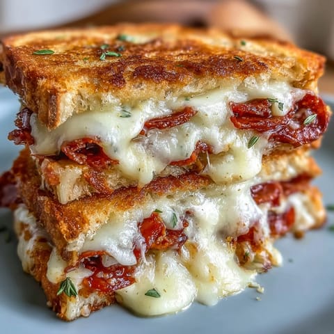 Golden brown Pepperoni Pizza Grilled Cheese, ooey-gooey melted cheese, and savory pepperoni.
