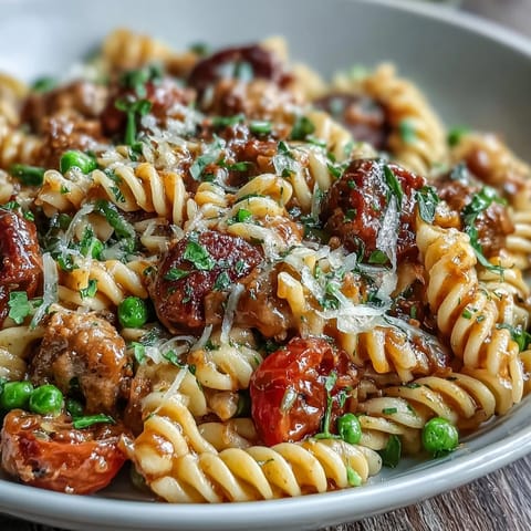 One-Pot Sausage Pasta with creamy sauce and melted Parmesan cheese.