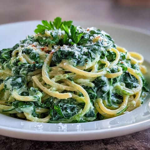 Creamy Spinach Pasta featuring wilted greens in a velvety sauce, garnished with Parmesan.