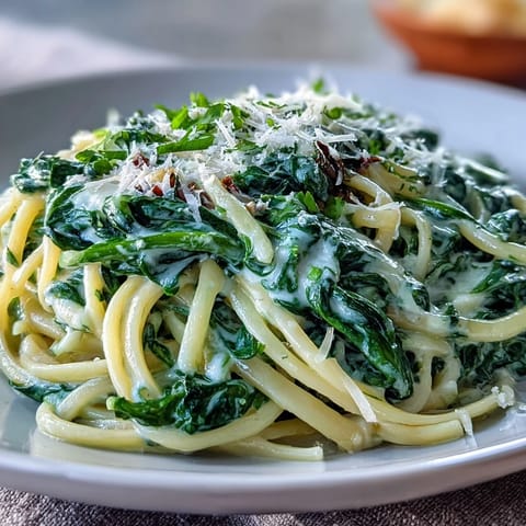 A vibrant bowl of Creamy Spinach Pasta, ready to be enjoyed with a sprinkle of cheese.