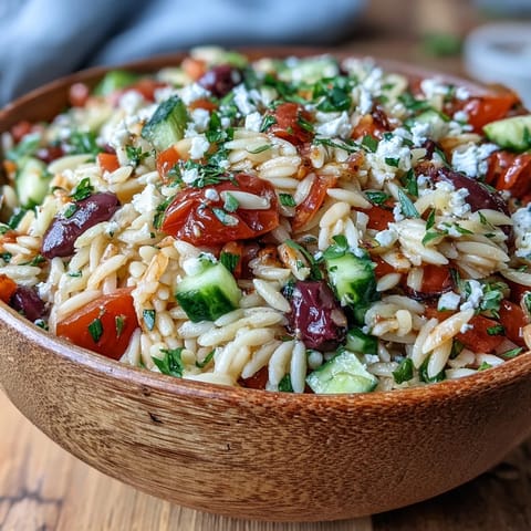 Tender orzo pasta salad, served warm with fresh herbs and briny olives.