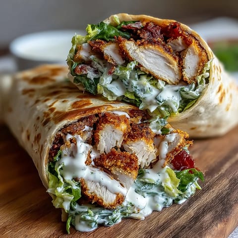 Golden brown crispy chicken Caesar wraps bursting with fresh romaine and creamy dressing.