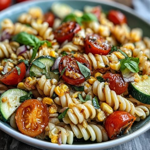 A colorful bowl of Summer Corn and Tomato Pasta Salad garnished with basil.