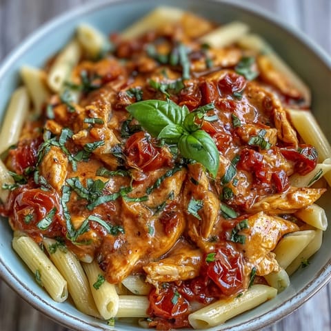 Tender chicken atop rich tomato cream sauce with fresh basil and pasta.