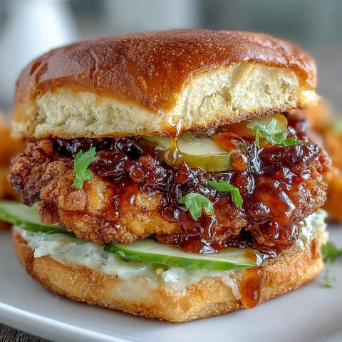 Juicy fried chicken sandwich coated in spicy hot honey, pickles, and brioche.