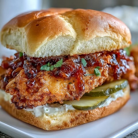 Crispy hot honey chicken sandwich with tangy pickles and fluffy toasted bun.