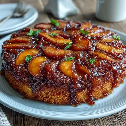 Melted butter and brown sugar topping coats tender cake in peach upside-down dessert.