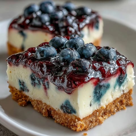 No-Bake Lemon Blueberry Cheesecake Bars, creamy and bright with zesty swirls.