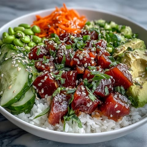 Vibrant canned tuna poke bowl, bursting with fresh vegetables and zesty dressing.