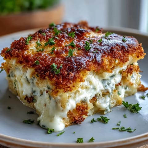 Golden brown Crispy Cabbage Alfredo Bake with bubbly cheese topping.