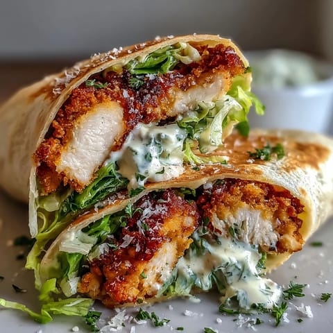 Golden brown crispy chicken Caesar wraps bursting with fresh romaine and creamy dressing.