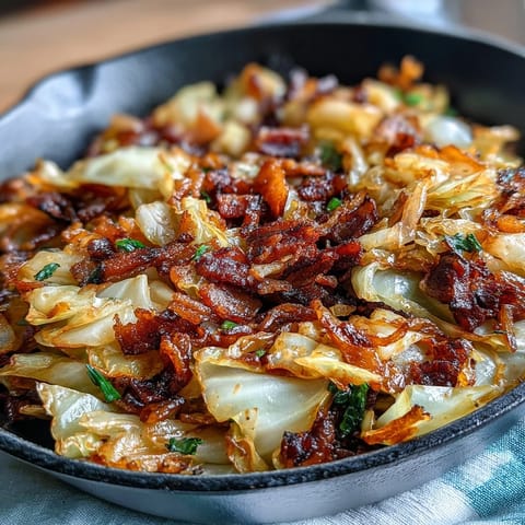 Sizzling Fried Cabbage with Bacon and Onions, steam rising, perfectly tender.