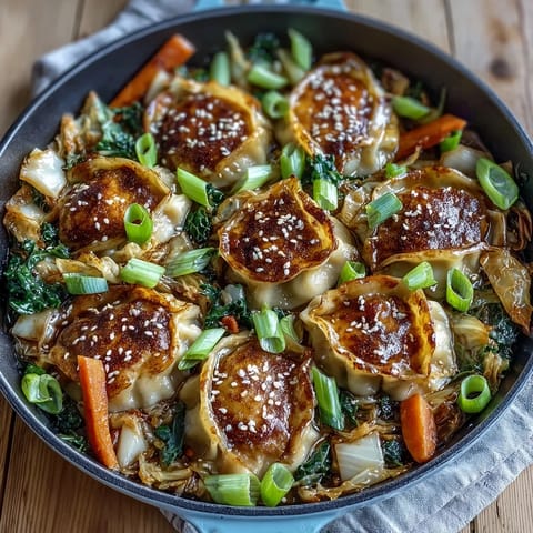 Hot Honey Cabbage Dumpling Skillet: golden dumplings in caramelized cabbage, sweet and spicy.