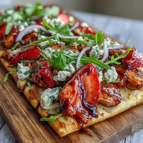 Savory strawberry balsamic chicken flatbread with melted cheese and fresh arugula.