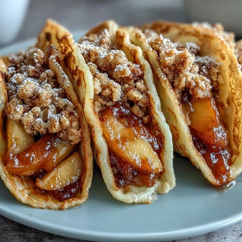 Peach Cobbler Pancake Tacos: Golden pancakes overflowing with warm, spiced peaches and streusel.