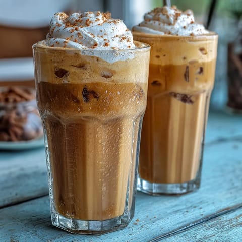 Creamy pumpkin pie cold foam crowns a refreshing iced chai latte.