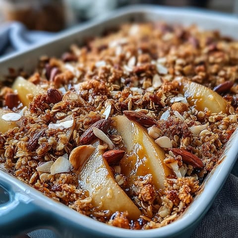 Golden Pear Almond Granola Bake with tender fruit and crunchy topping.