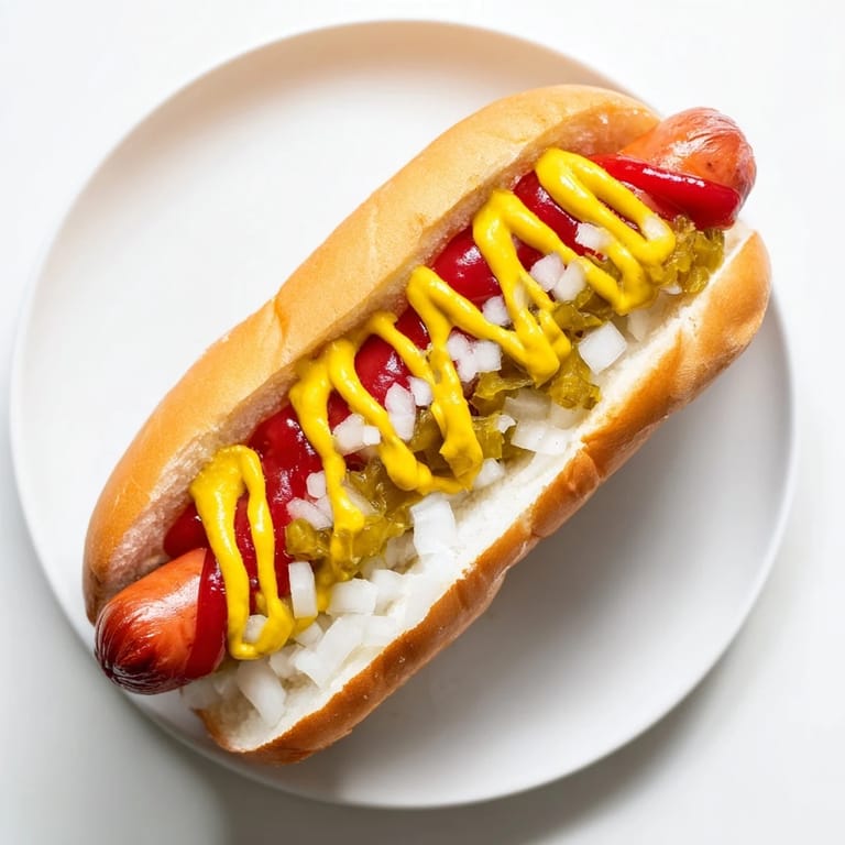 Close-up of a perfectly grilled hot dog, juicy and ready to eat, piled high with classic toppings.