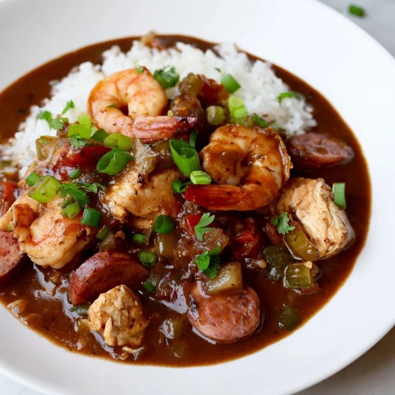 Fluffy rice beneath a generous serving of savory Louisiana gumbo for a perfect meal.