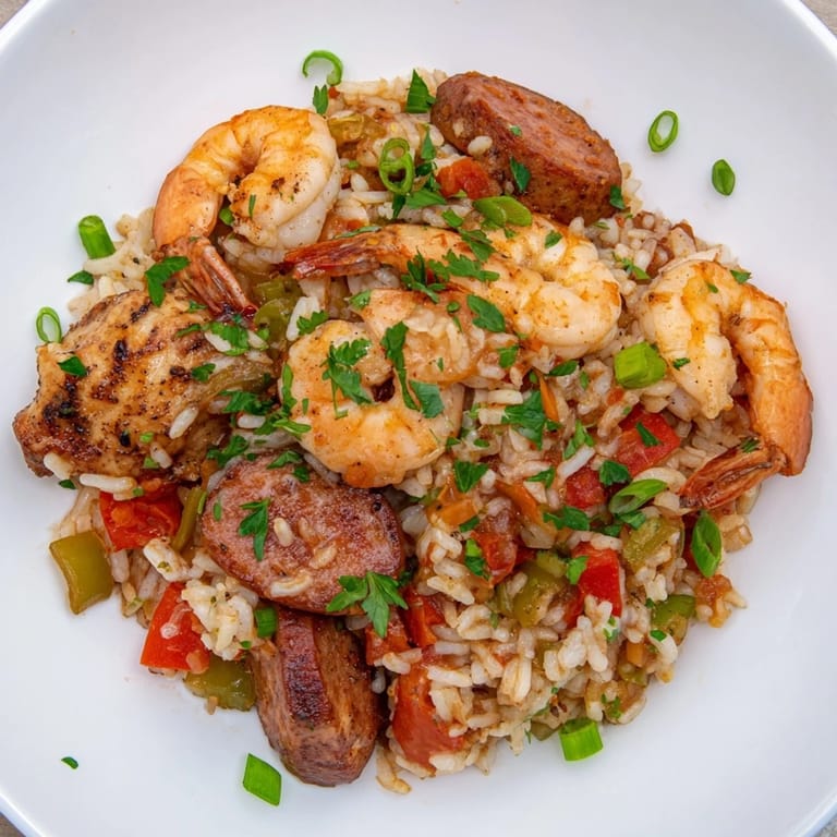A close-up view of the delicious, one-pot jambalaya, perfectly cooked with a rich broth.