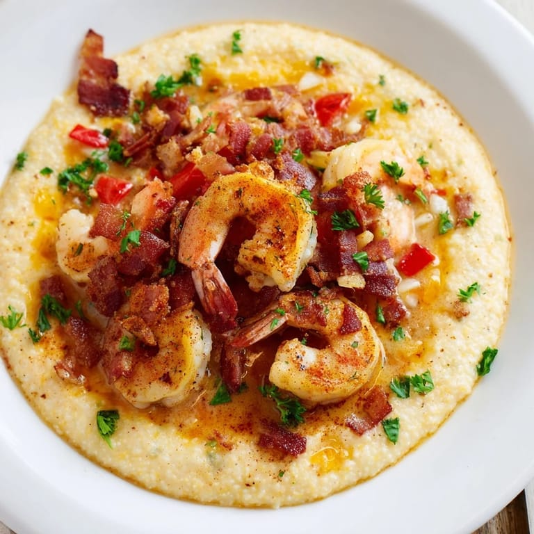 Savory shrimp and grits in a bowl, with herbs; a delicious pescatarian dinner option.