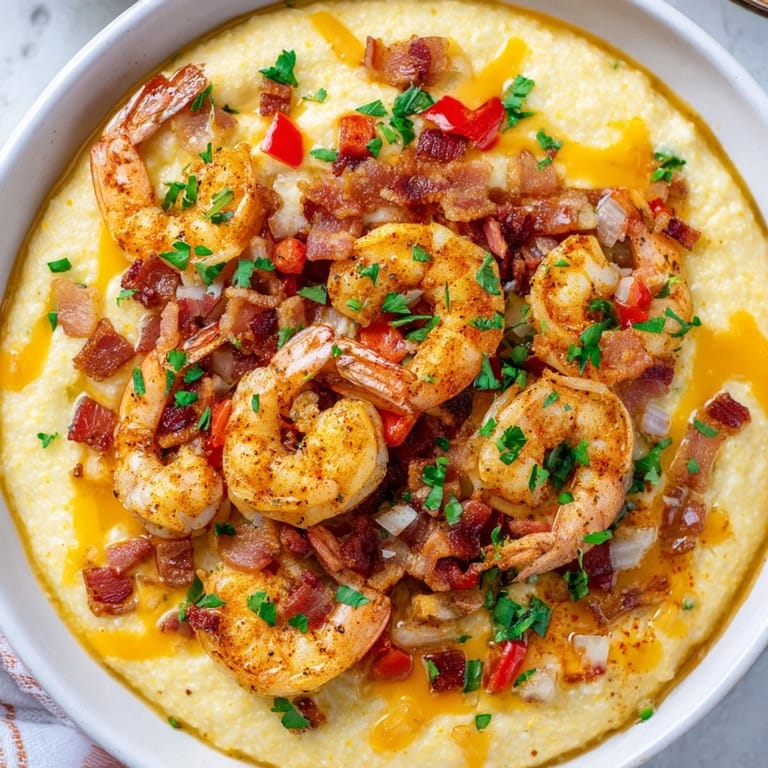 Close-up of golden shrimp and grits: Southern brunch favorite, beautifully plated and ready to eat.