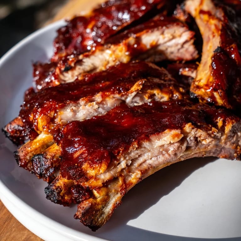 Slow-cooked, fall-off-the-bone BBQ ribs, showcasing the tender meat and rich glaze.