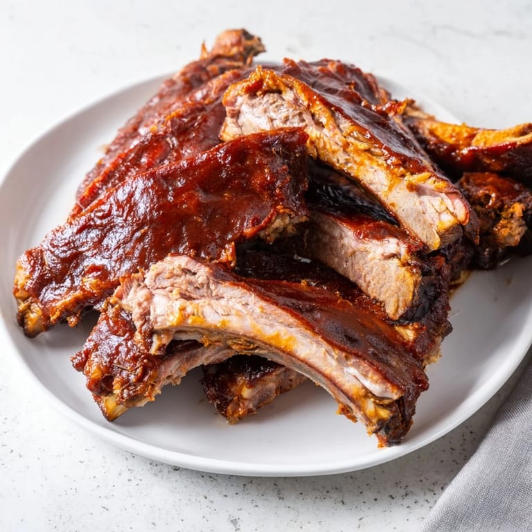 Close-up of BBQ ribs, revealing the depth of flavor from spices and barbecue sauce.