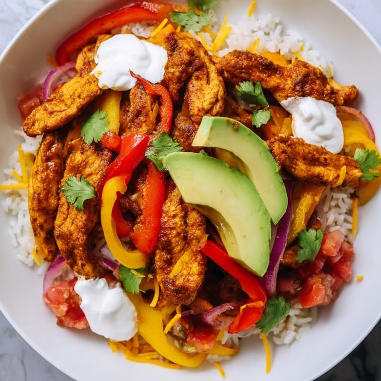A delicious chicken fajita bowl featuring seasoned chicken, vibrant vegetables, and fresh toppings.