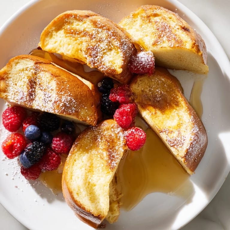 Picture of warm, pillowy French toast with crisp edges, served with fresh berries and powdered sugar.