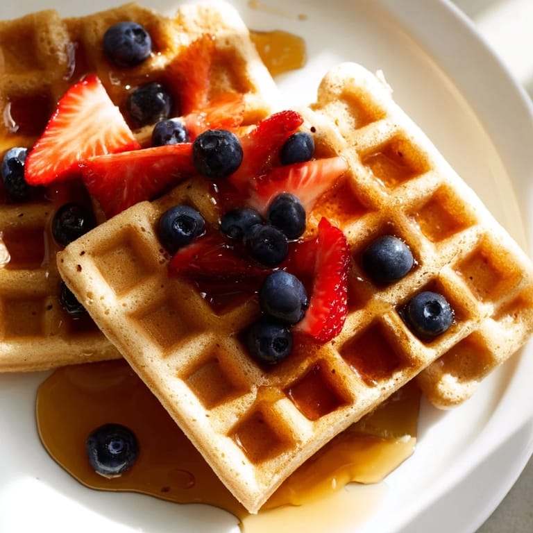Fluffy, homemade waffles steaming, with a warm, inviting aroma, ideal with butter and maple syrup.
