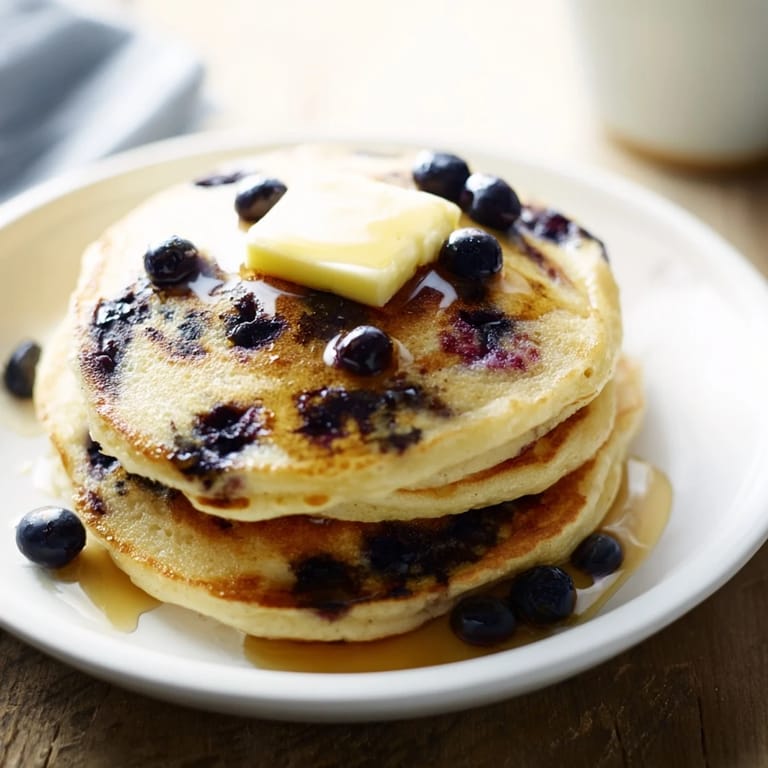 Delicious, fresh blueberry pancakes with visible blueberries, perfect for a cozy weekend brunch at home.