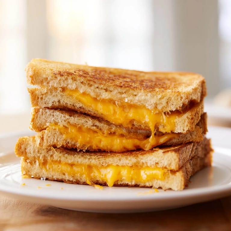 A perfectly toasted grilled cheese sandwich, ready to be sliced and served with tomato soup.