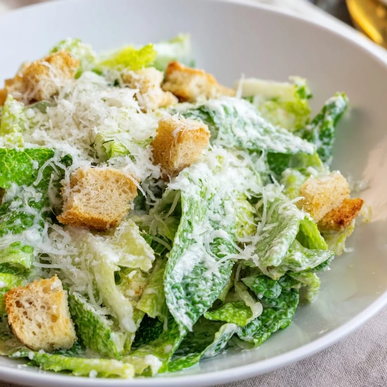 A visually appealing, classic Caesar salad featuring Parmesan cheese and crunchy croutons ready to serve.