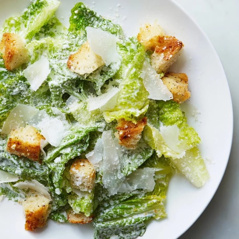 Tossed, flavorful Caesar salad, made with fresh romaine lettuce, and drizzled with a creamy dressing.