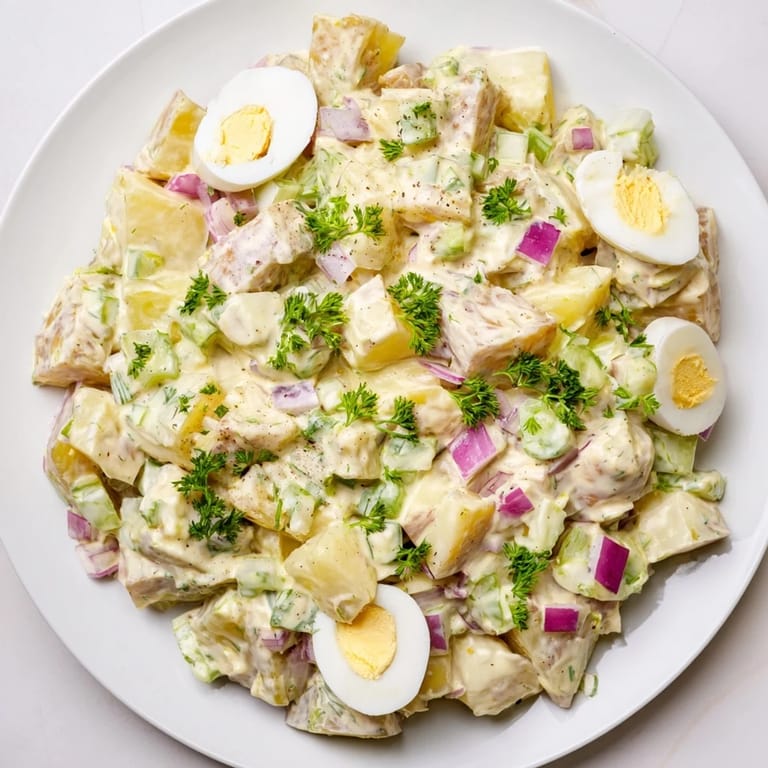 This vibrant potato salad features perfectly cooked potatoes, celery, and red onion, all mixed together.