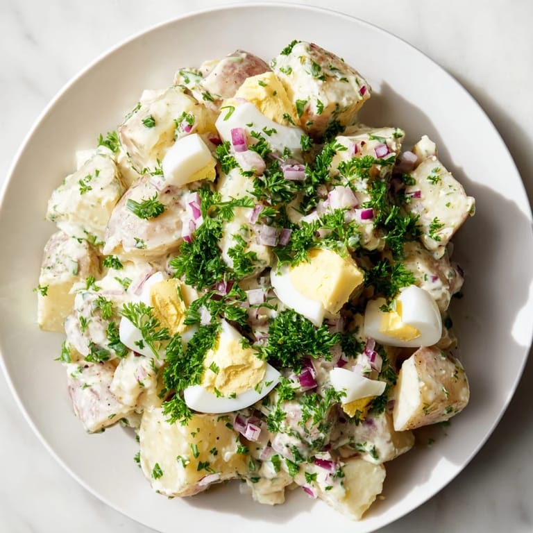 Chilled potato salad side dish, a classic American recipe bursting with delicious tangy flavors.