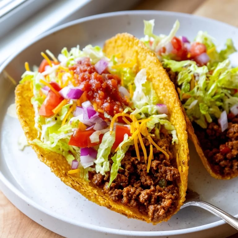 A close-up view of fresh American-style tacos overflowing with beef, salsa, and cheese, ready to eat.