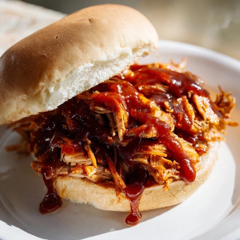 Juicy pulled pork piled high, featuring barbecue sauce, alongside coleslaw and pickle slices.